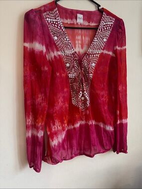 INC beach Tie-Dye Lace-Up V-Neck Tunic in Pink and White